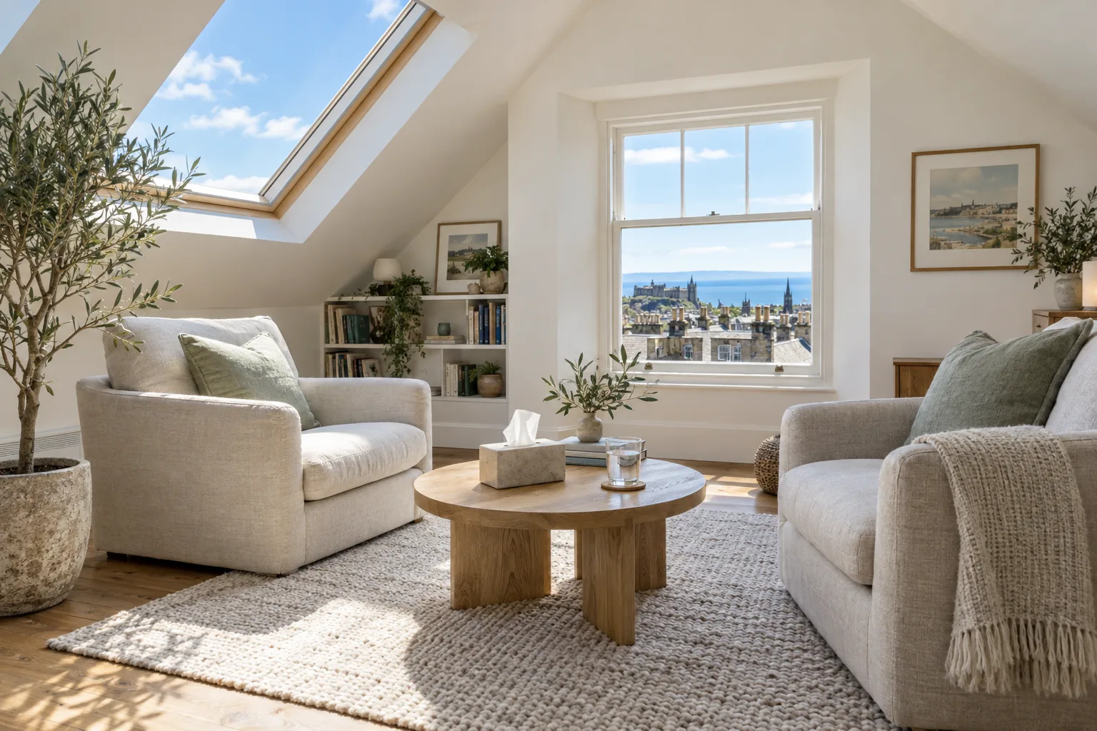 The attic room with sloping ceilings, skylights and mats laid out on a wooden floor