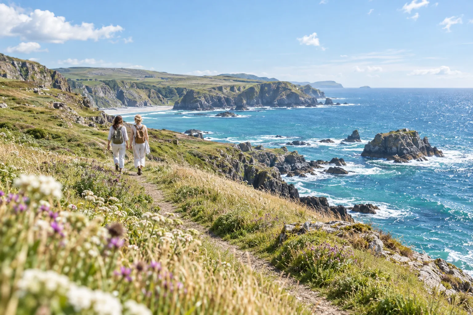 Two friends walking a sunny coastal path above the sea