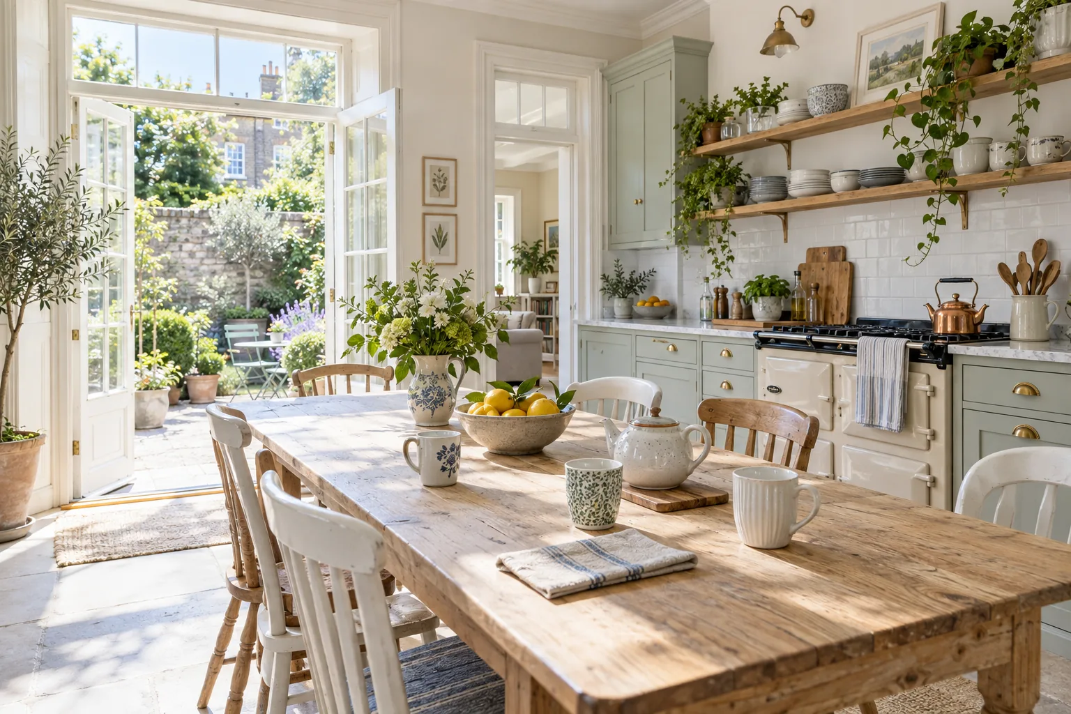 The kitchen at Stillroom, with a long table and the kettle by the window
