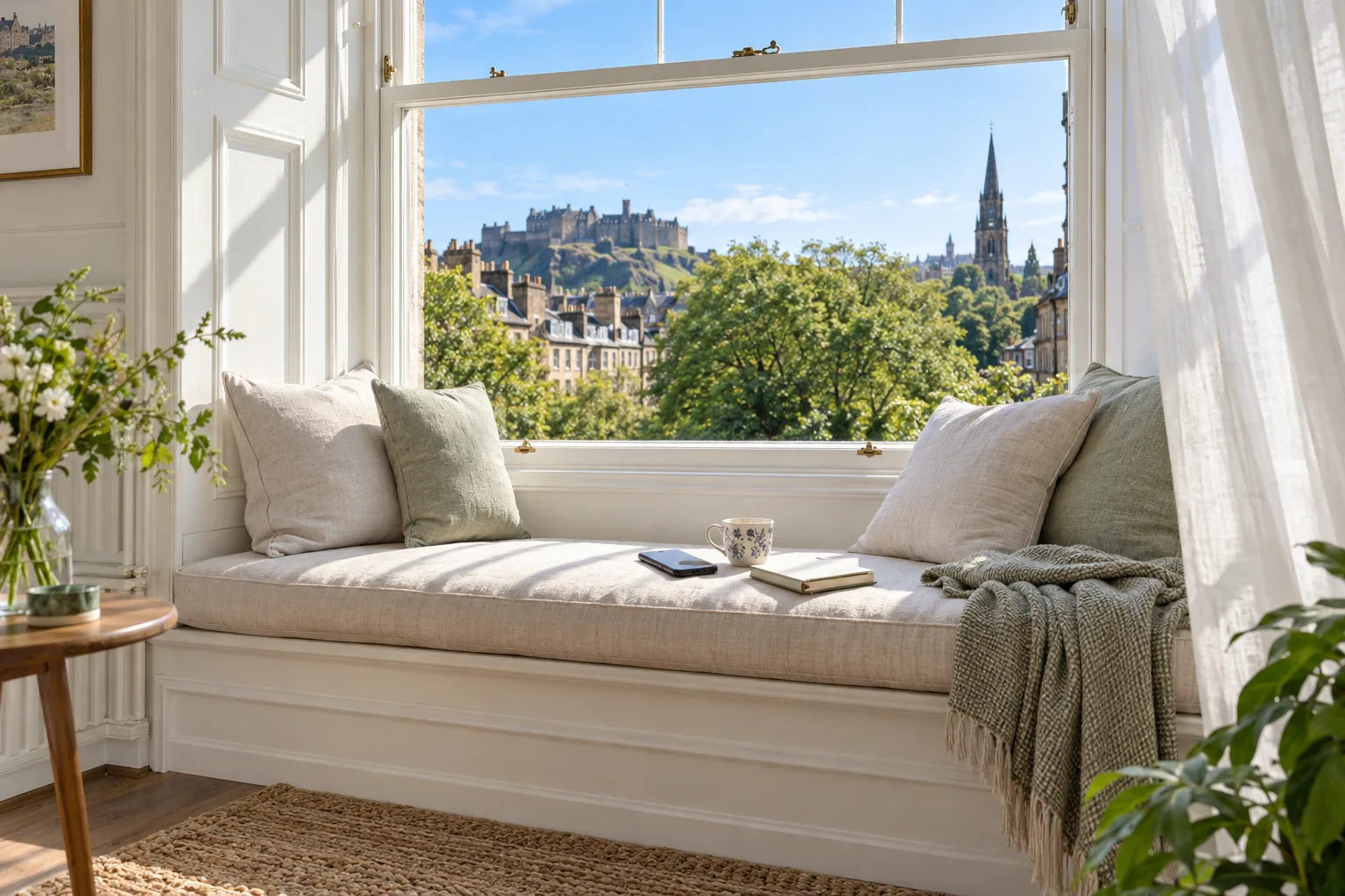 A window seat with a cup of tea and a phone in soft morning light