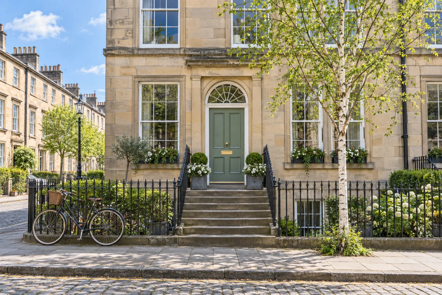 The front of Stillroom, a sandstone Georgian townhouse with a sage-green door
